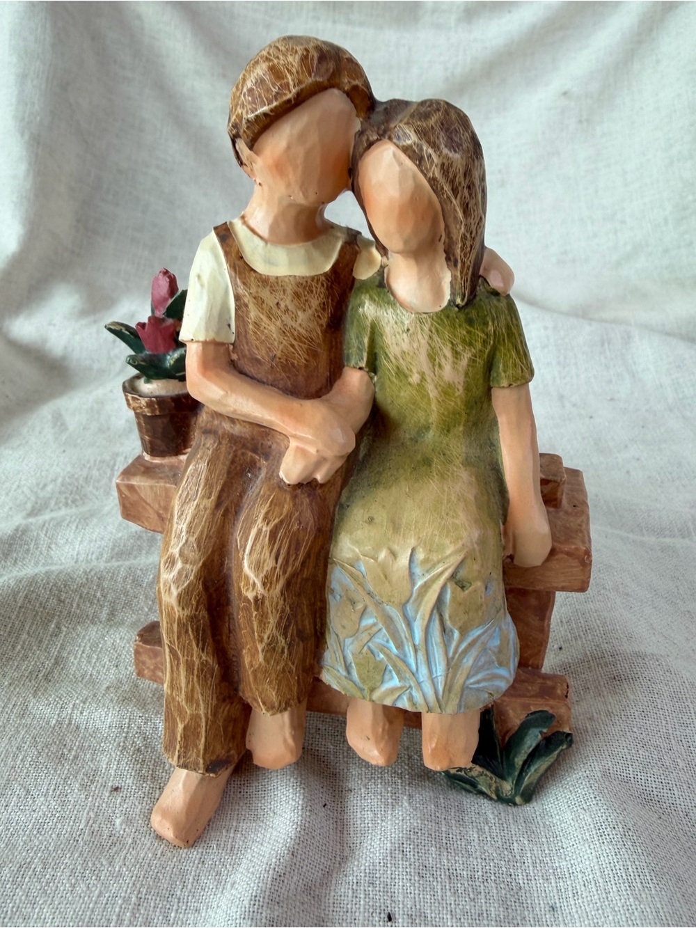 Handcrafted Couple on Bench Figurine - Green and Brown Home Art